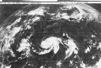 Low resolution GMS satellite image received on 26 July 1978. Shown on the image were (from left to right) Severe Tropical Storm Agnes, Typhoon Wendy and Typhoon Virginia
