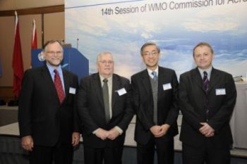 The newly elected President of the Commission for Aeronautical Meteorology and Assistant Director of Hong Kong Observatory, Mr. C. M. Shun pictured with the two former Presidents of the Commission, Dr Neil Gordon (1999 - 2006) and Mr. Carr McLeod (2006 - 2010)
