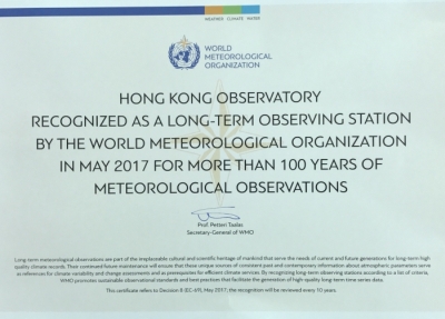 The long-term observing station accreditation certificate awarded to the Observatory by the World Meteorological Organization.