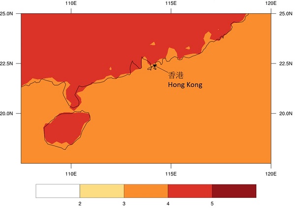 Change in annual maximum temperature in the south China coastal areas by end-century under high greenhouse gas concentration scenario (°C)
