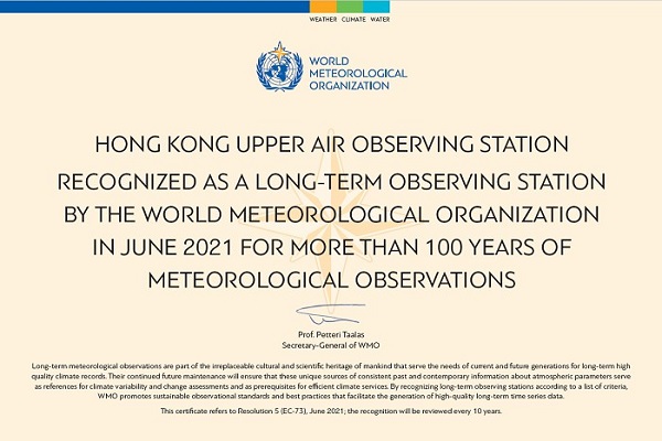 The centennial observing station accreditation certificate awarded by the World Meteorological Organization to the upper air observing station of the Observatory