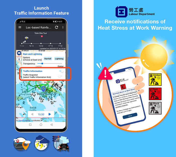 MyObservatory added “Traffic Information” layer and supported the receiving of the notifications of “Heat Stress at Work Warning” issued by the Labour Department