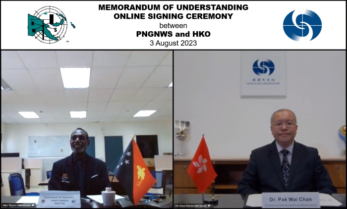 The Director of the Hong Kong Observatory, Dr Chan Pak-wai (right), and the Director of the Papua New Guinea National Weather Service, Mr Jimmy Gomoga (left), signed a memorandum of understanding via videoconferencing to enhance collaboration and exchange in aeronautical meteorological science and technologies