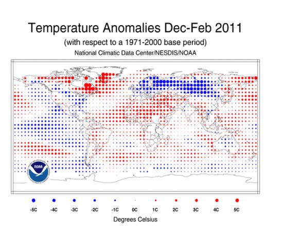 Figure 1 Temperature anomalies of the winter from December 2010 to February 2011, relative to 1971-2000 average (Source: NOAA National Climatic Data Center)4