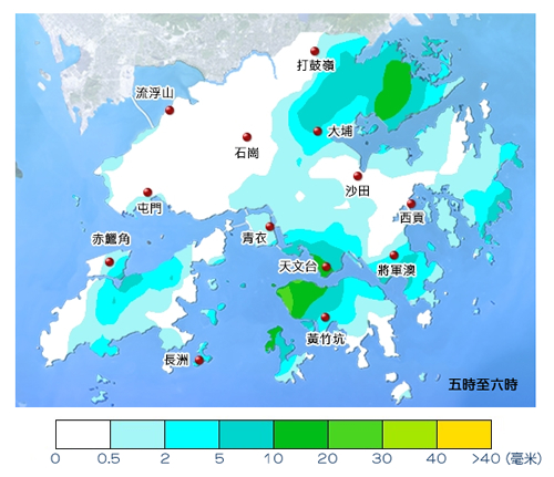 上午5時至6時本港的雨量分佈圖