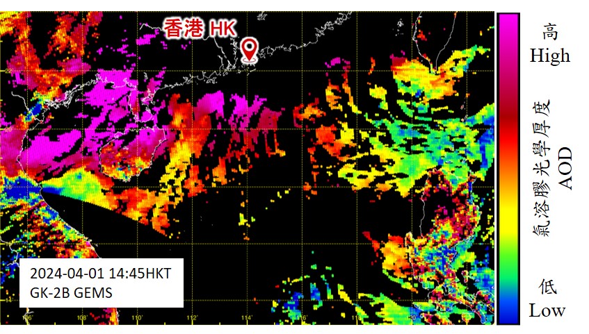 图5︰2024年4月1日14时45分左右GK-2B负载的地球同步环境监测光谱仪（GEMS）所测量到的气溶胶光学厚度（AOD）（资料来源︰韩国国家环境研究院）。