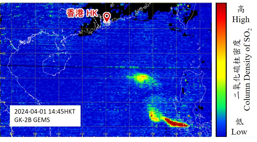 图8︰GK-2B于2024年4月1日14时45分左右量度得的二氧化硫柱密度（资料来源：韩国国家环境研究院）。