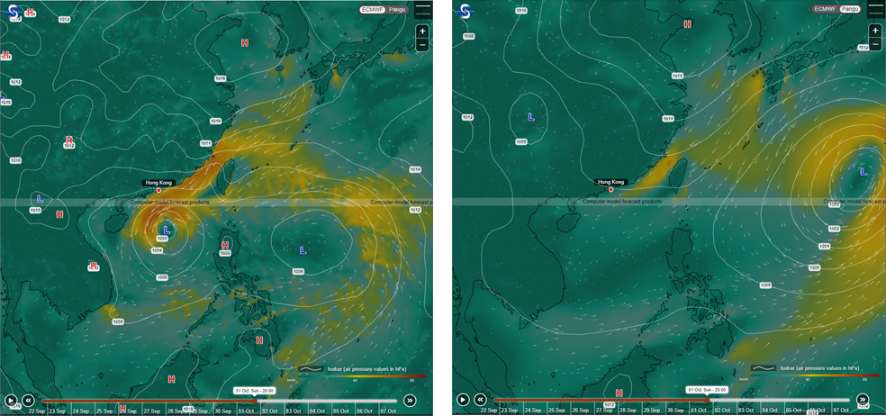 Forecast for 1 October 2023, for mean sea level pressure (indicated by isobars) and wind speed (indicated by coloured layers) by the European Centre for Medium Range Weather Forecasts (ECMWF) model (left) and “Pangu model” (right) made on 22 September 2023. The former forecast that a tropical cyclone would affect the northern part of the South China Sea, while the latter did not indicate development of low pressure systems in the region