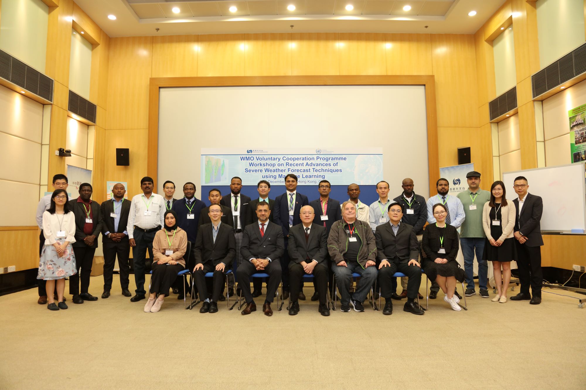 Dr Chan Pak-wai, Director of the Observatory (front row, middle), Mr Jeffrey Adie of NVIDIA (front row, third from the right), and Mr Mustafa Adiguzel of WMO (front row, third from the left) with workshop participants