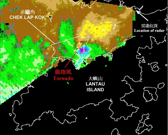 Signature of tornado over the airport on 20 May 2002, as observed by the TDWR.