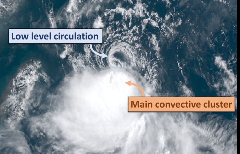 22 August 2021, Tropical Cyclone Omais being affected by rather strong vertical wind shear, its low level circulation was exposed and was separated from the main convective cluster. Omais weakened gradually afterwards.