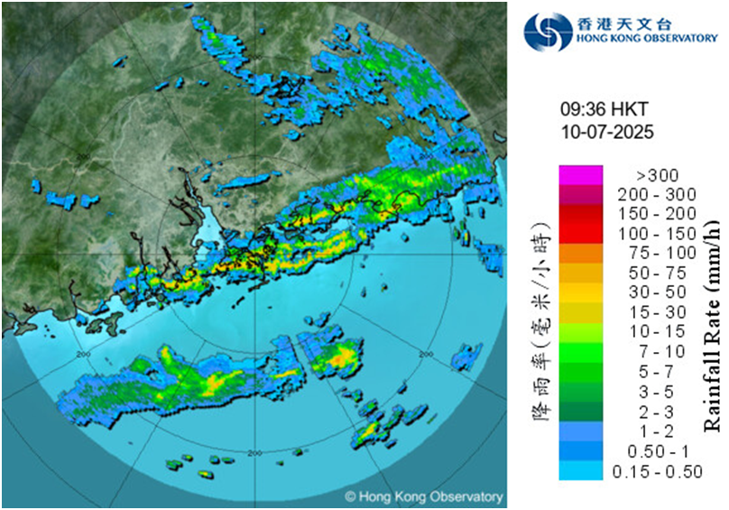 Radar echoes captured at 9:36 a.m. on 10 July 2025. The intense rainbands associated with the remnant of Danas and the active southwest monsoon were affecting the coast of Guangdong at that time and Red Rainstorm Warning was in force.