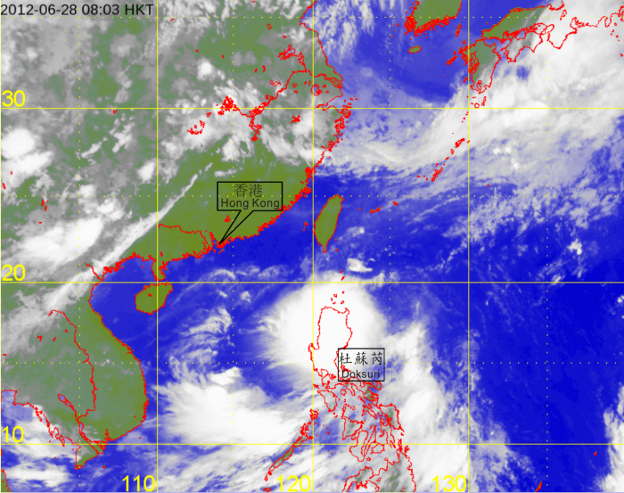 Infra-red satellite imagery at 8 a.m. on 28 June 2012 of Tropical Storm Doksuri.