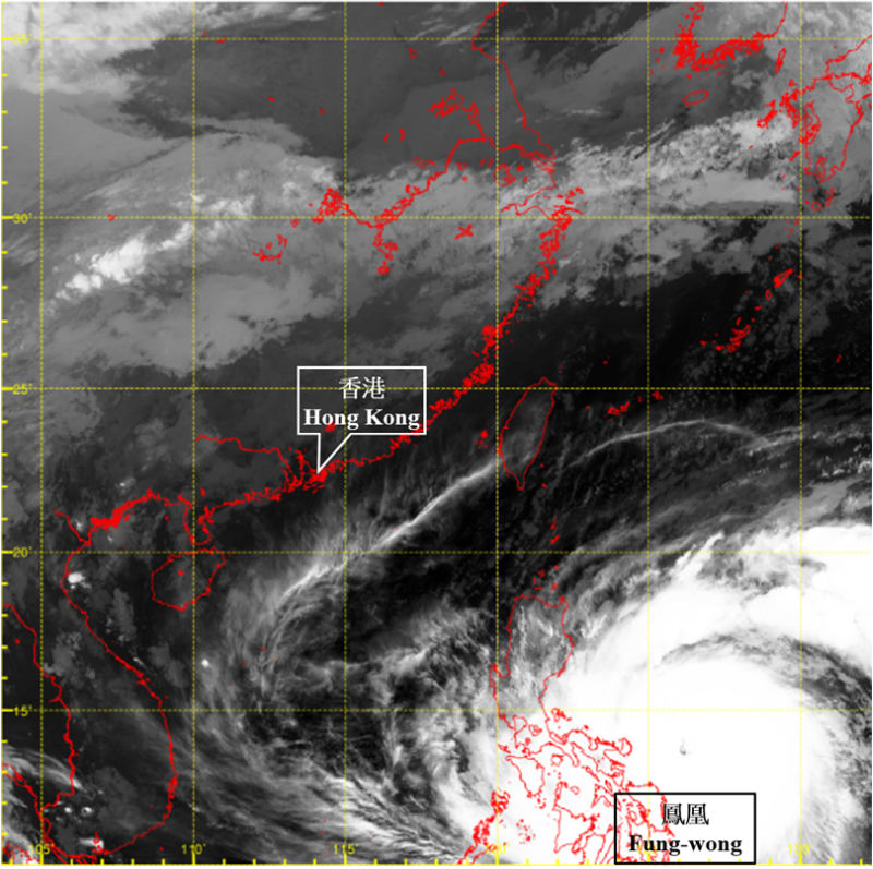 Infra-red satellite imagery at around 2 a.m. on 9 November 2025 when Fung-wong rapidly intensified into a super typhoon over the seas east of the Philippines and attained its peak intensity with an estimated maximum sustained wind of 185 km/h near its centre at that time.