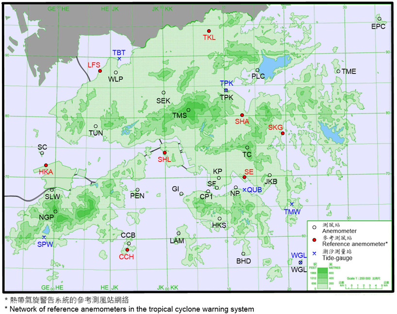 Locations of anemometers and tide gauge stations mentioned in this report