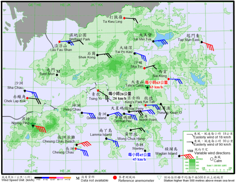 10-minute mean wind direction and speed recorded at various stations in Hong Kong at 2:13 a.m. on 5 October 2025.  Local winds were generally strong easterlies at that time, including at Kai Tak, Sai Kung, Lau Fau Shan, Cheung Chau and North Point.  Winds at Waglan Island and Tap Mun East even reached gale force.