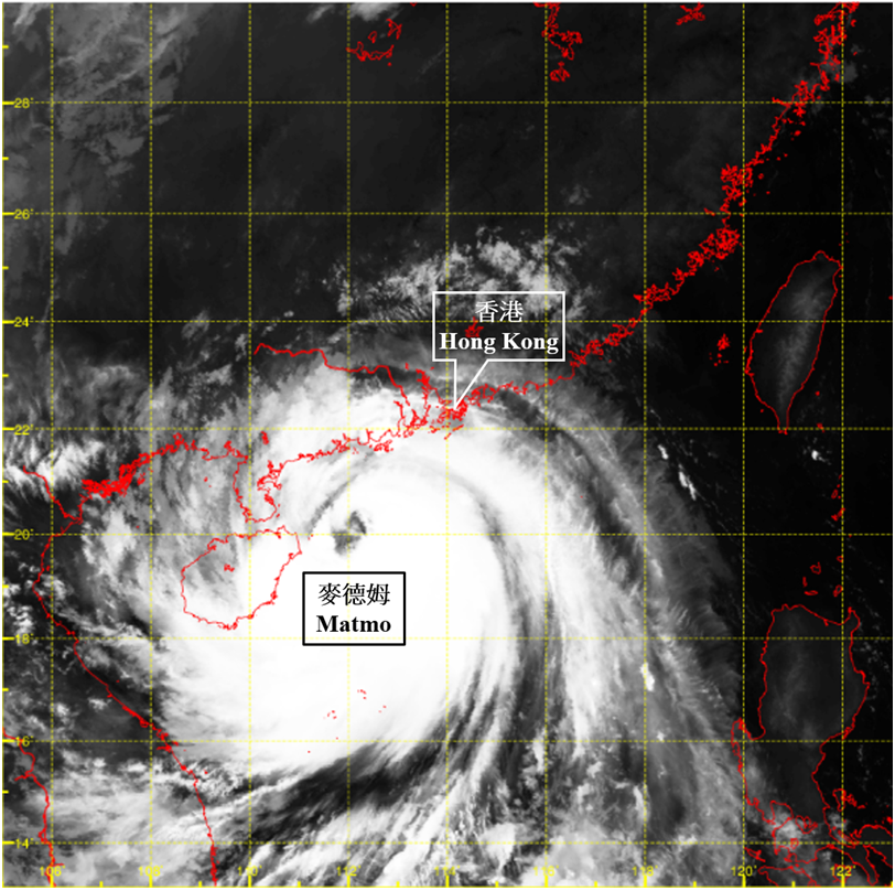 Infra-red satellite imagery at around 5 a.m. on 5 October 2025. Matmo attained its peak intensity with an estimated maximum sustained wind of 145 km/h near its centre at that time.