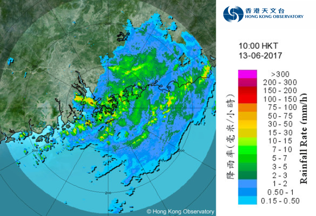 Image of radar echoes at 10 a.m. on 13 June 2017, as rainstorms associated with Merbok affected Hong Kong.