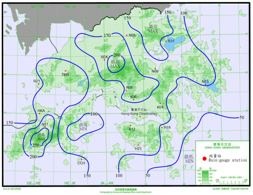 二零二二年八月九日至十日的雨量分佈(等雨量線單位為毫米)。