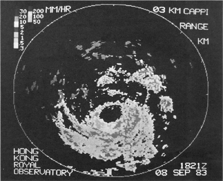 Radar display of Typhoon Ellen at 2.21 a.m. on 9 September 1983