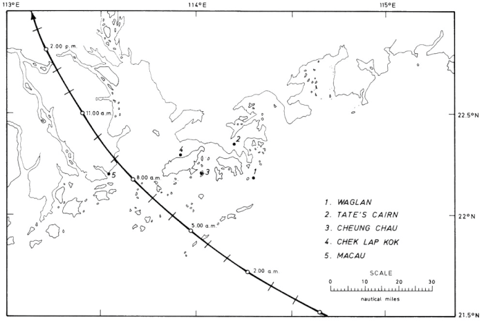 Trajectory of the centre of the eye of Typhoon Ellen near Hong Kong on 9 September 1983