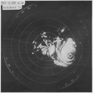 (b)Radar pictures of Typhoon Elsie taken at the Royal Observatory on October 13 - 14, 1975