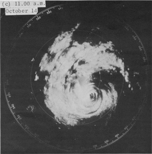 Radar pictures of Typhoon Elsie taken at the Royal Observatory on October 13 - 14, 1975