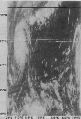 Figure 6. NOAA-4 APT picture of Typhoon Elsie taken from 9.32 a.m. to 9.40 a.m. on October 14, 1975. 