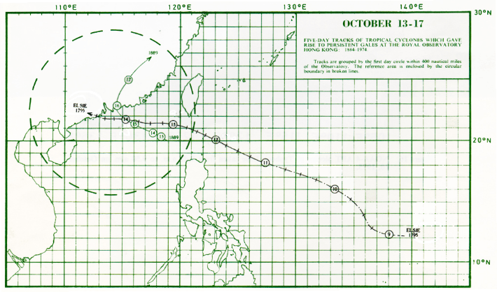 Figure 1. Track of Typhoon Elsie: October 9 - 14, 1975. 