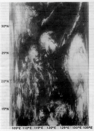 Figure 2. NOAA-4 APT picture of Typhoon Elsie taken from 9:42 a.m. to 9:50 a.m. on October 10, 1975. 