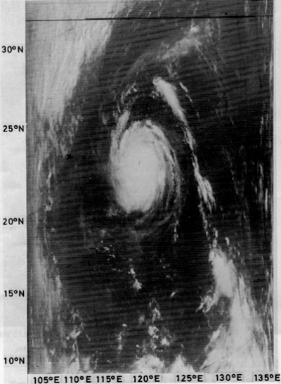 Figure 4. NOAA-4 APT picture of Typhoon Elsie taken from 9:37 a.m. to 9:45 a.m. on October 12, 1975. 