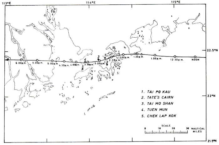 Trajectory of the centre of the eye of Typhoon Hope near Hong Kong on 2 August 1979  