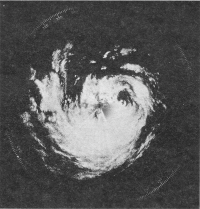 Radar picture of Typhoon Hope taken at 1.00 p.m. on 2 August 1979. (Range markers at 40-mile intervals)