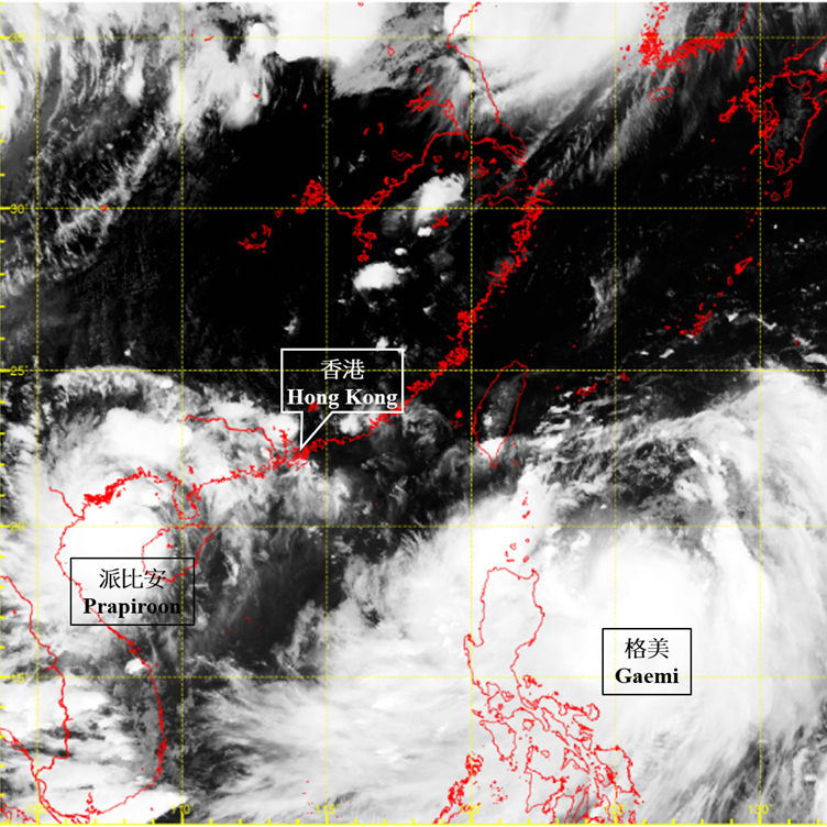 Infra-red satellite imagery at around 5 p.m. on 22 July 2024 when Prapiroon was at its peak intensity with an estimated maximum sustained wind of 105 km/h near its centre.  Besides, severe tropical storm Gaemi to the east of Luzon was moving northwards.