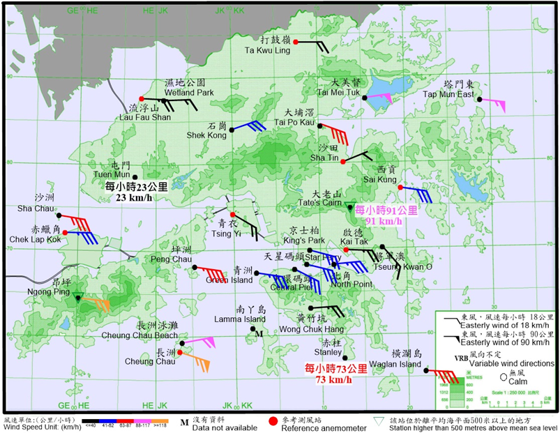 10-minute mean wind direction and speed recorded at various stations in Hong Kong at 10:32 a.m. on 24 September 2025.  Local winds were generally easterlies, with winds at Cheung Chau and Ngong Ping reaching hurricane force at the time.