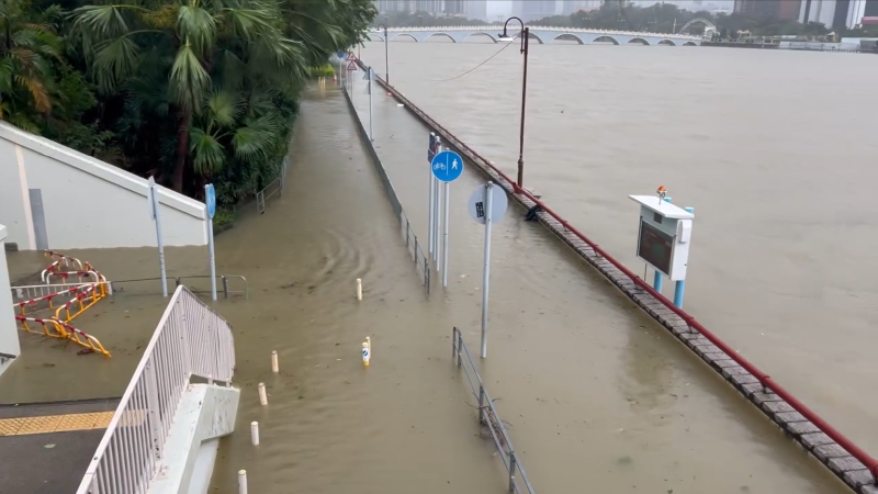 Under the influence of the storm surge induced by Ragasa, the water level of the Shing Mun River in Sha Tin rose significantly, causing flooding in nearby footpaths, cycle tracks and subways.  (Courtesy of Leung Kam Shing)