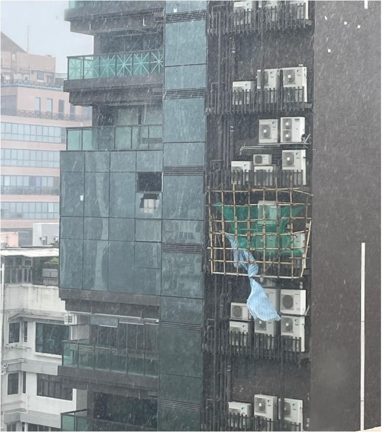 During the passage of Ragasa, the glass curtain wall of a building in Tsim Sha Tsui was damaged. (Courtesy of Lui Yuk Sing)