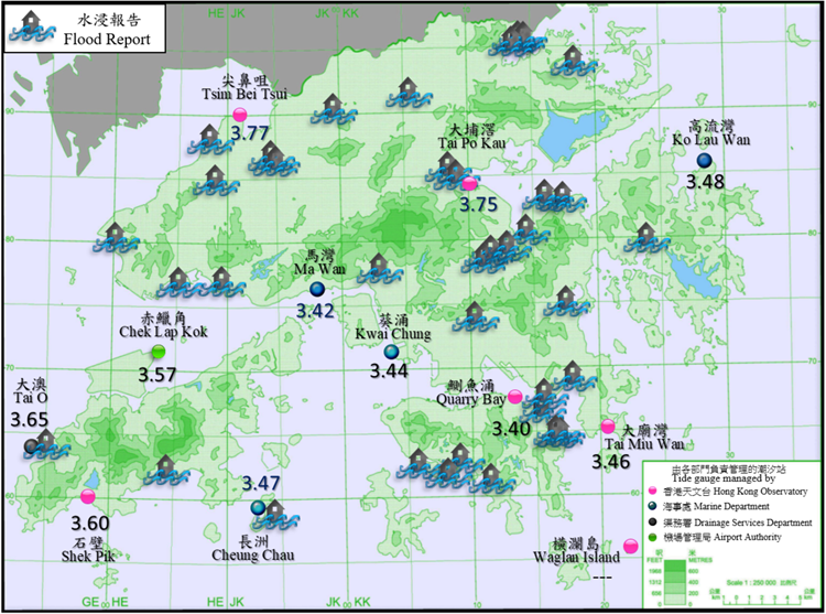 Maximum sea level (above chart datum) recorded at various tide stations in Hong Kong and flood reports from government departments, news and social media on 23 – 25 September 2025.