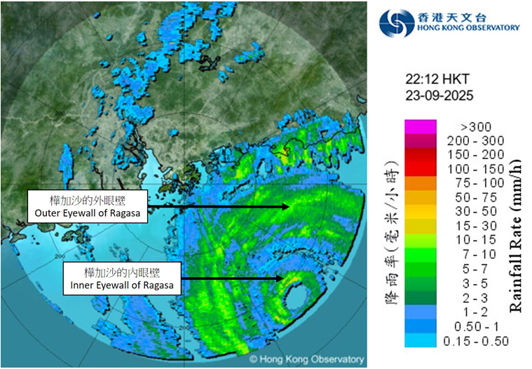 Image of radar echoes captured at 10:12 p.m. on 23 September 2025 shows the double eyewall structure of Ragasa at that time.  Meanwhile, the intense rainbands associated with Ragasa were affecting Hong Kong gradually.