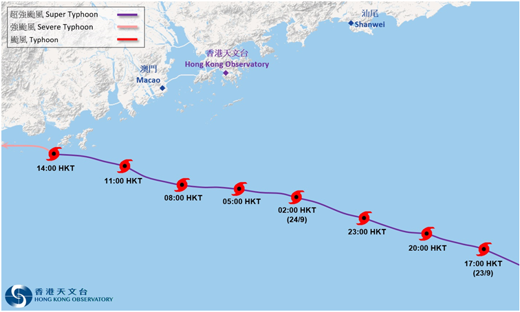 Provisional track of Ragasa (2518) near Hong Kong