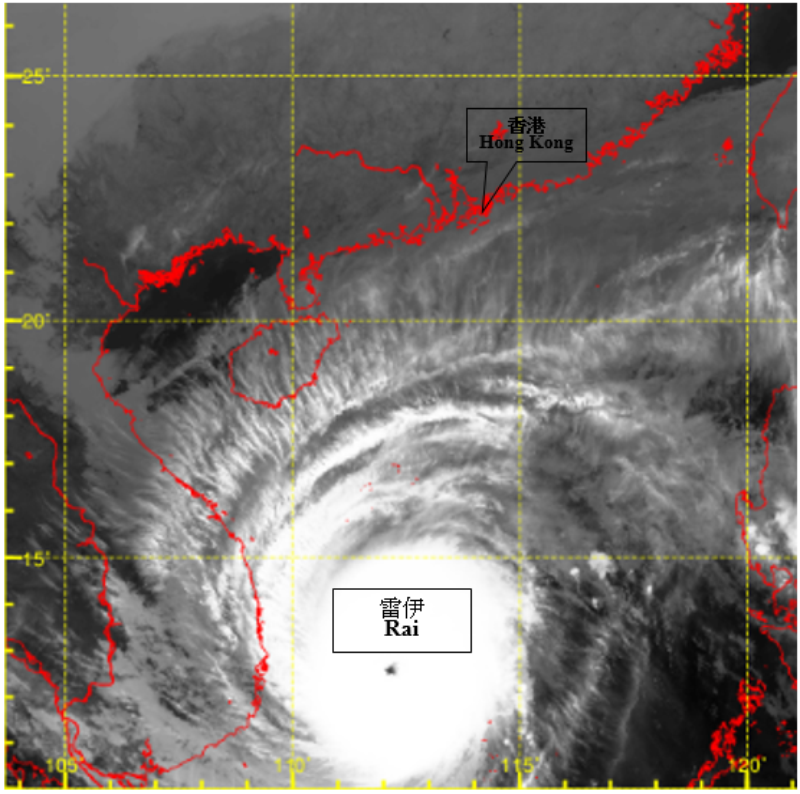 Infra-red satellite imagery around 2 a.m. on 19 December 2021 when Rai was at its peak intensity with estimated maximum sustained winds of 205 km/h near its centre. 