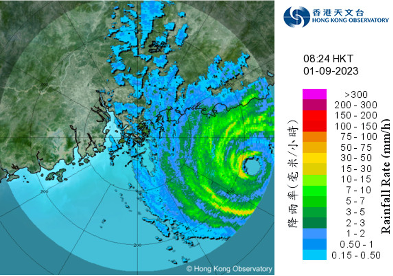 Image of radar echoes captured at 8:24 a.m. on 1 September 2023.  Saola had a tight circulation with a clear eye and a double eyewall structure at that time.  Meanwhile, the outer rainbands associated with Saola were affecting Hong Kong gradually.