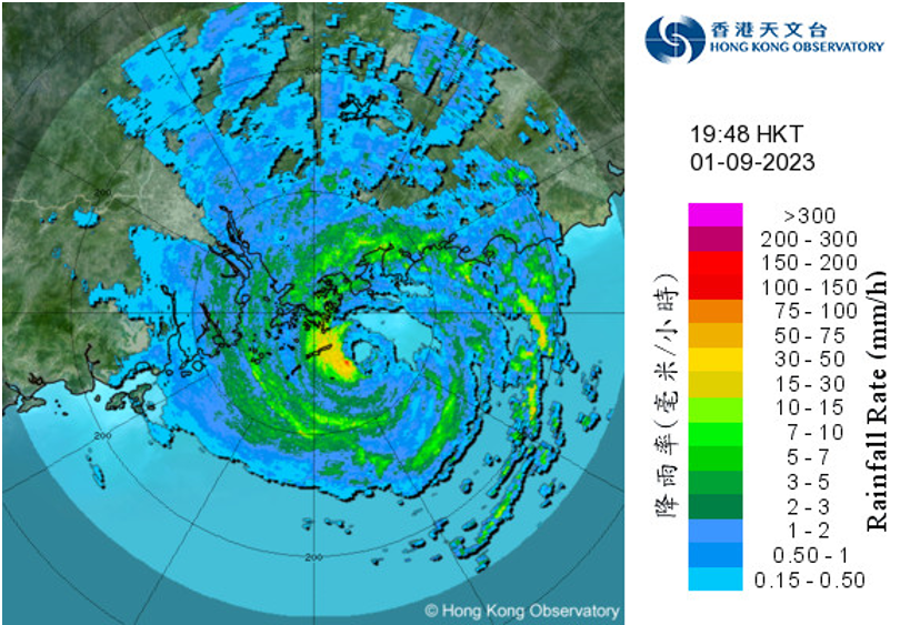 Image of radar echoes captured at 7:48 p.m. on 1 September 2023.  The inner eyewall of Saola shrunk apparently.  Meanwhile, the outer rainbands associated with Saola weakened slightly but the convections near the eyewall of Saola remained very intense.