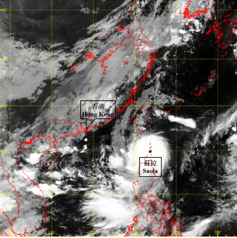 Infra-red satellite imagery at around 2 a.m. on 30 August 2023 when Saola was at its peak intensity with an estimated maximum sustained wind of 230 km/h near its centre.   