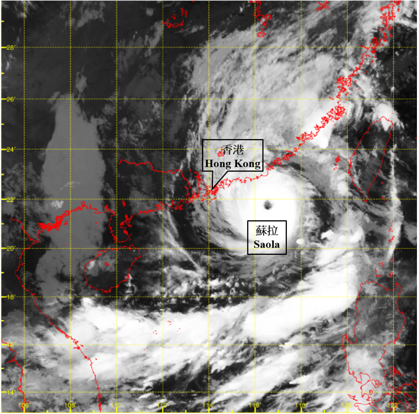 Infra-red satellite imagery at around 5 a.m. on 1 September 2023.  The No. 8 Northwest Gale or Storm Signal was in force and the maximum sustained wind near the centre of Saola was estimated to be 210 km/h at that time.