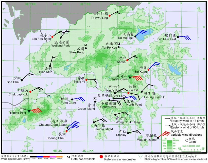 10-minute mean wind direction and speed recorded at various stations in Hong Kong at 2:40 a.m. on 17 July 2023.  Winds at Waglan Island, Tate’s Cairn and Ngong Ping reached gale force at the time.