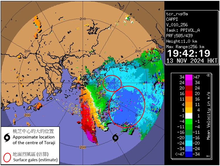 Radar imagery showing the Doppler velocity at around 7:42 p.m. on 13 November 2024.  The image revealed the radial winds at around 1 km (i.e. the velocity of rain echoes relative to the radar, and positive (negative) values indicates rain echoes moving away from (towards) the radar).  The image showed that the surface gale winds to the north of Toraji was rather close to Hong Kong. When Toraji was moving west or west-northwest, its associated gale force winds was expected to pose a threat to the territory.