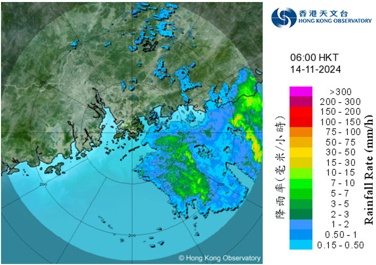 Radar echoes captured at 6 a.m. on 14 November 2024 when Toraji was closest to Hong Kong, skirting past about 130 km south of the territory.  The intense rainbands associated with Toraji were affecting the coast of Guangdong.