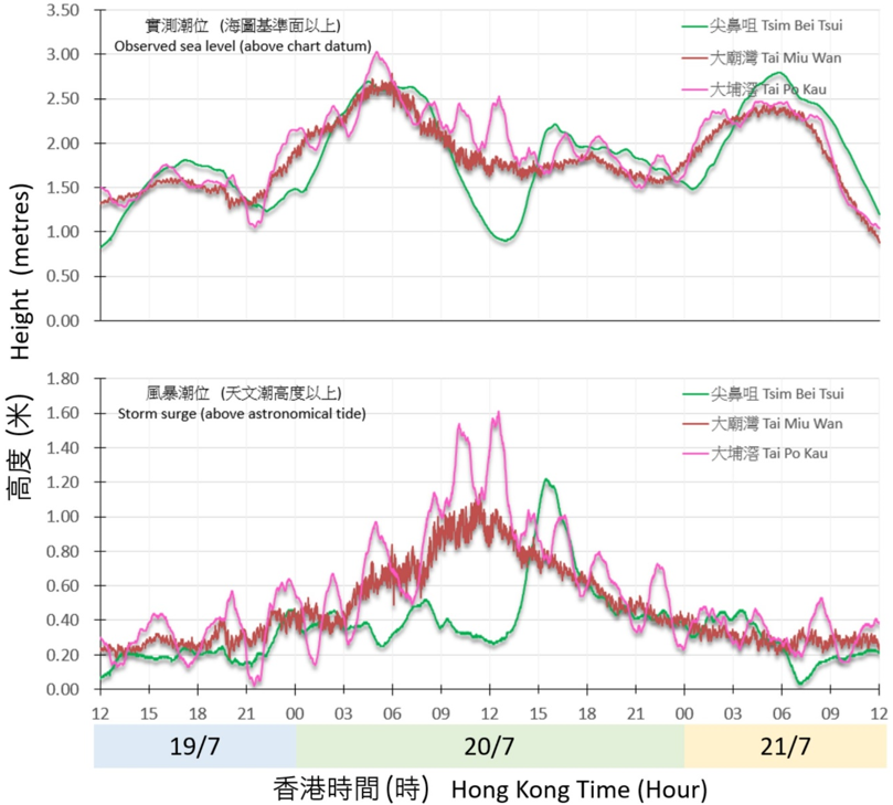 二零二五年七月十九日至二十一日大埔滘、尖鼻咀及大庙湾录得的潮位(海图基准面以上)及风暴潮(天文潮高度以上)。在大埔滘录得的水位异常内，其中包含因韦帕引致吐露港的风和气压变化而出现谐振的震荡效应（假潮效应），周期约为3.4小时。