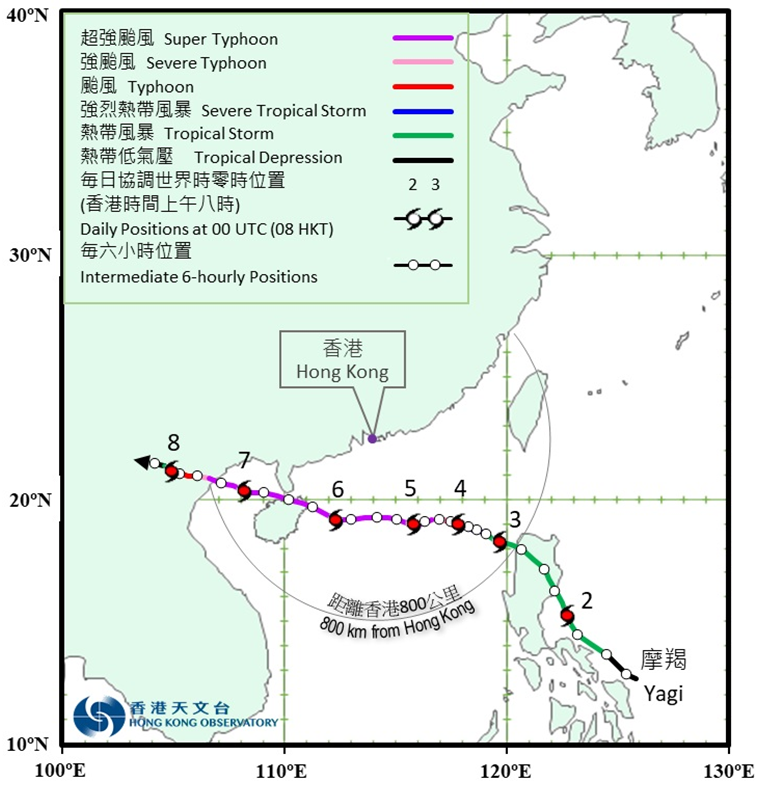 二零二四年九月一日至八日摩羯(2411)的暫定路徑圖。